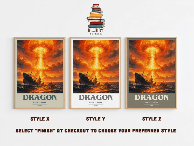Dragon book cover print in frame leaning in hallway – thriller wall art