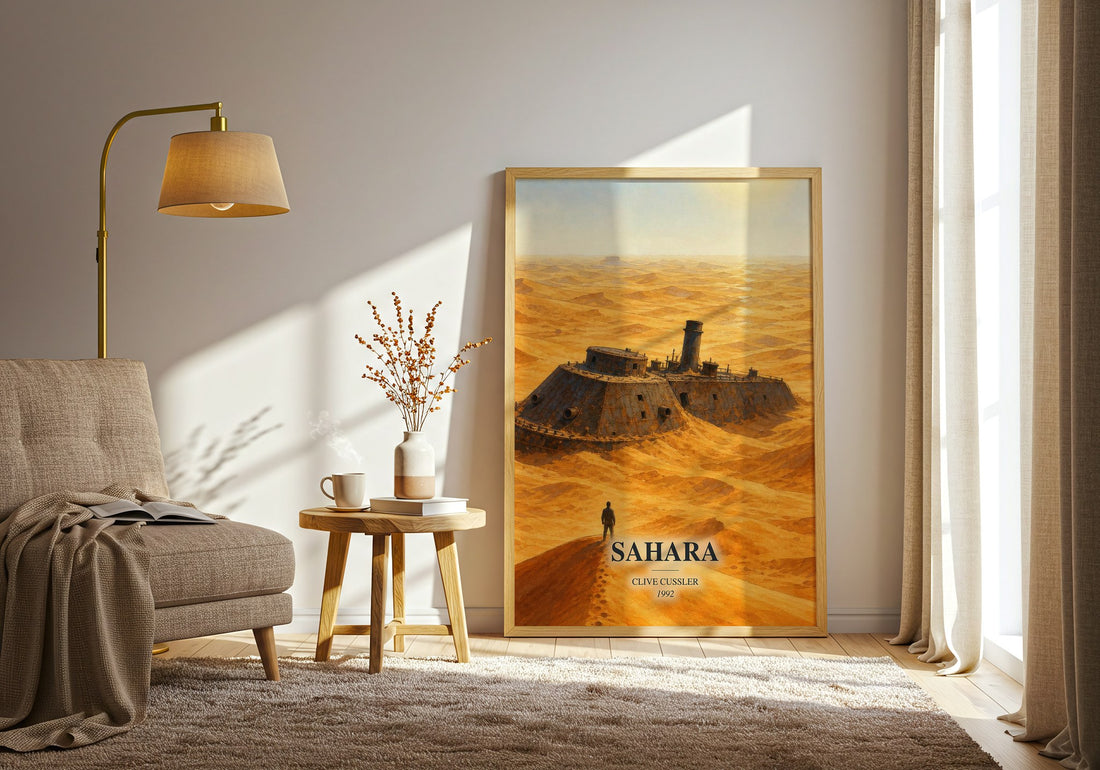 Sahara watercolour print in frame leaning in hallway – adventure wall art (mockup)