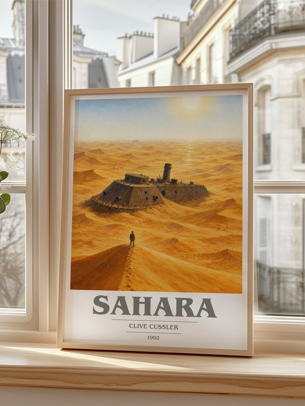 Sahara Book Cover Poster by Clive Cussler – framed print by a bright window