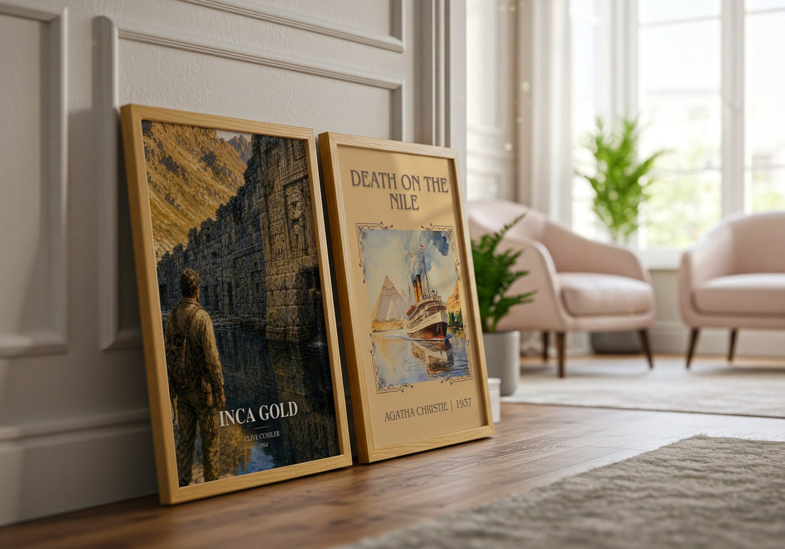Inca Gold watercolour print framed by window – literary home decor