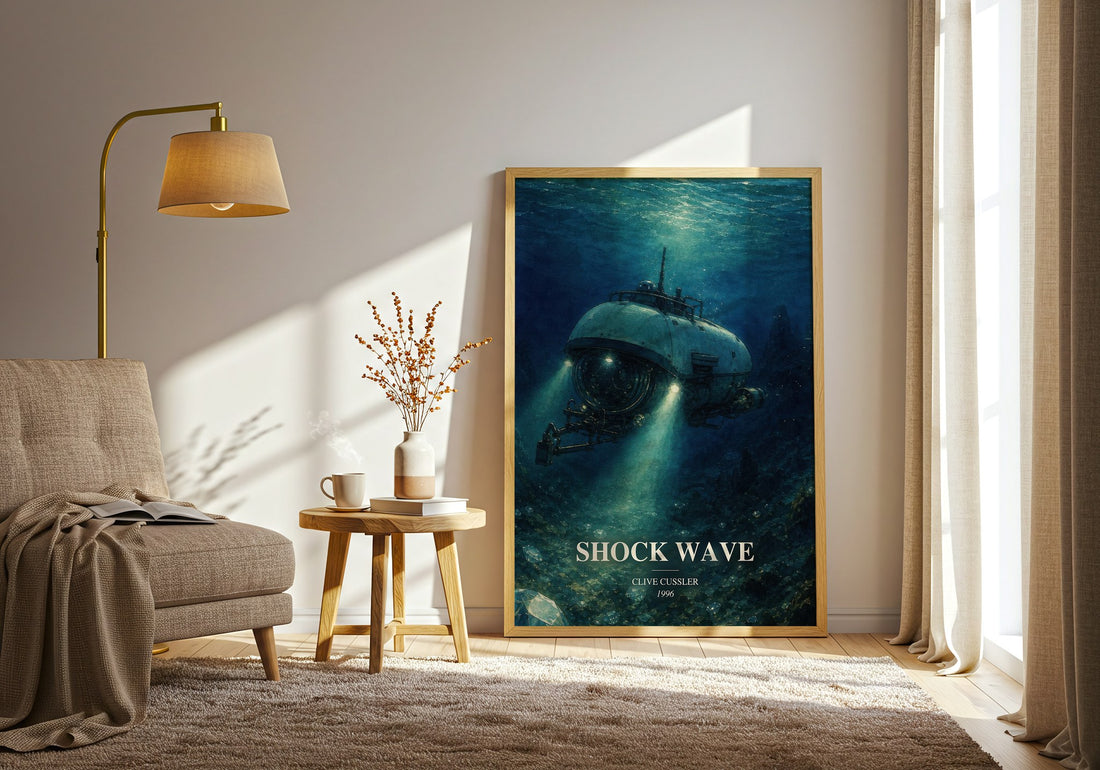 Shock Wave watercolour print in frame leaning in hallway – adventure wall art (mockup)