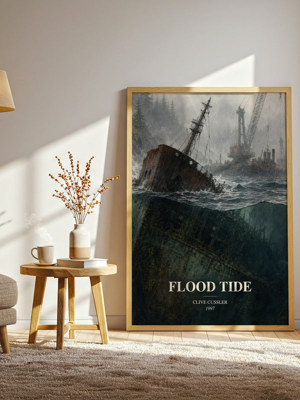 Flood Tide watercolour print in frame leaning in hallway – thriller wall art