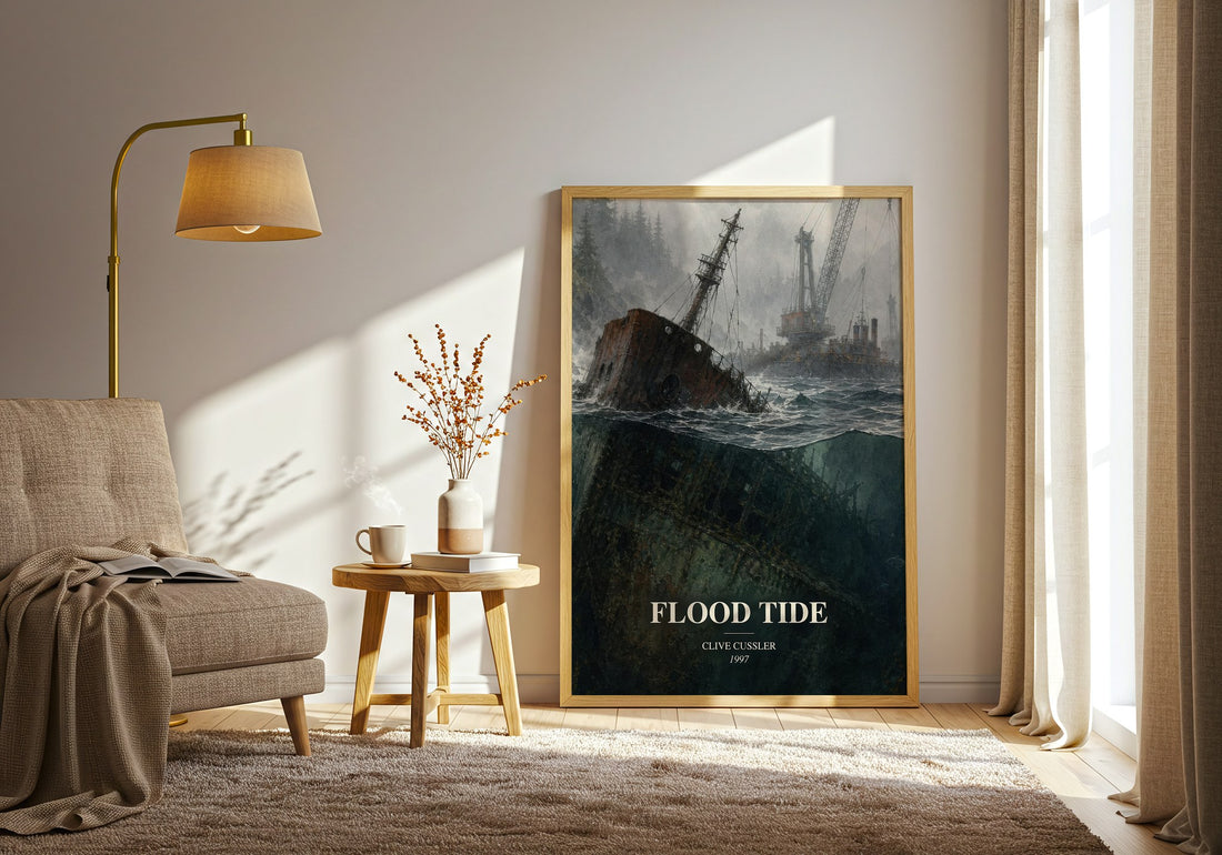 Flood Tide watercolour print in frame leaning in hallway – thriller wall art (mockup)