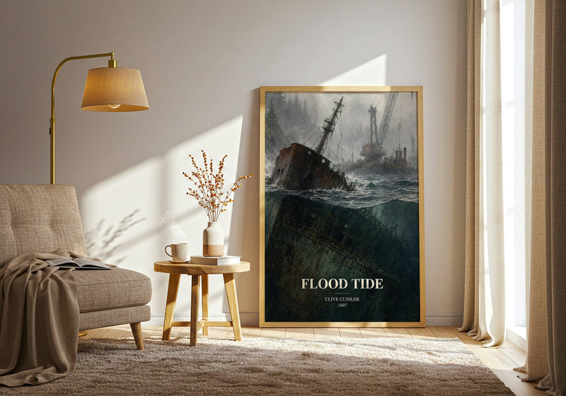 Flood Tide watercolour print in frame leaning in hallway – thriller wall art