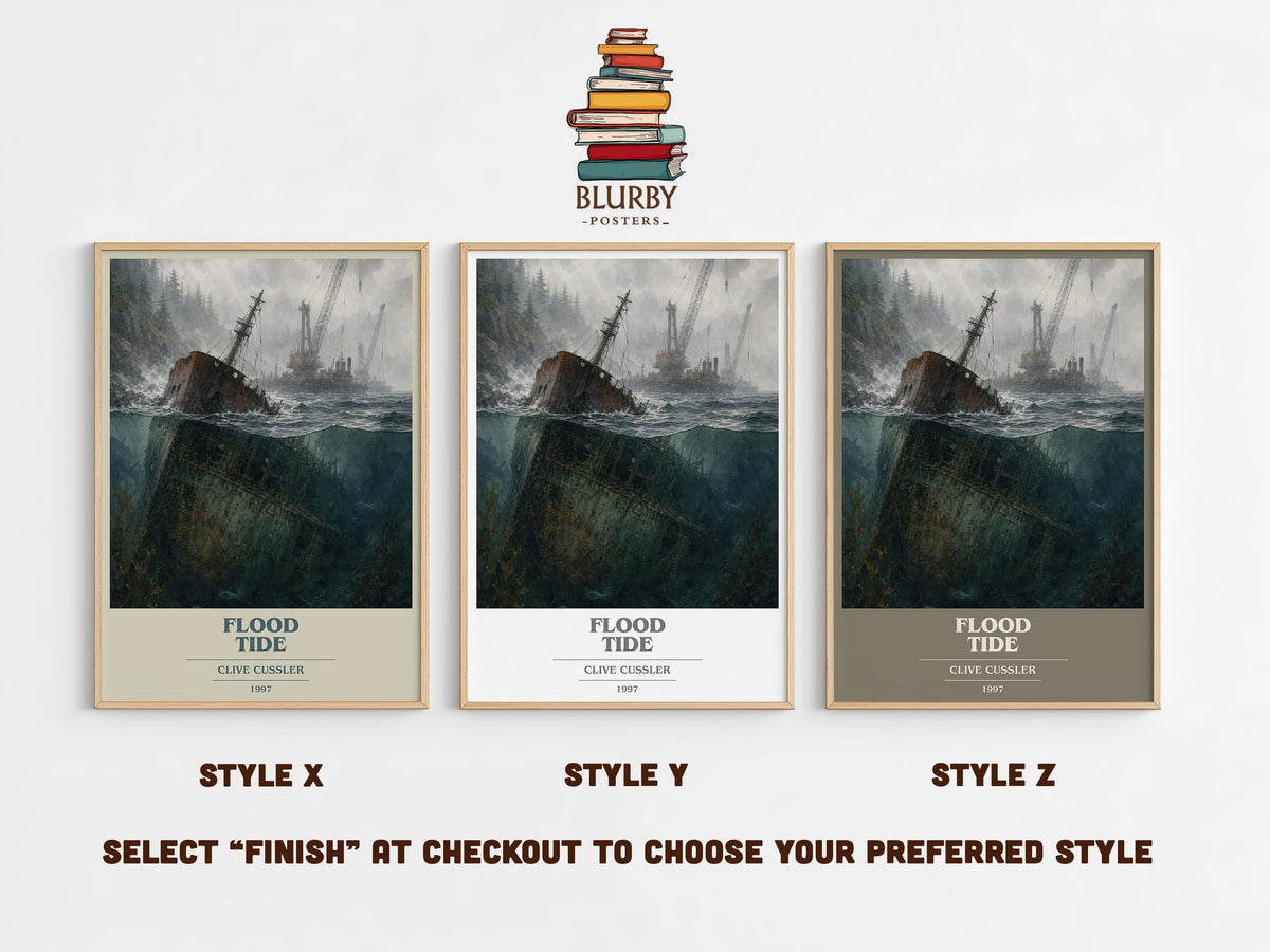 Flood Tide book cover print in frame leaning in hallway – thriller wall art (mockup)