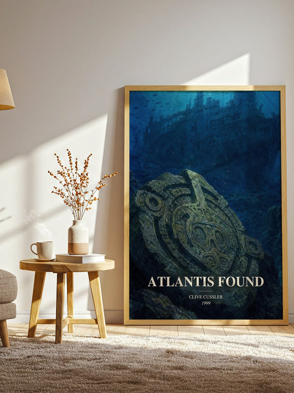 Atlantis Found watercolour print in frame leaning in hallway – thriller wall art