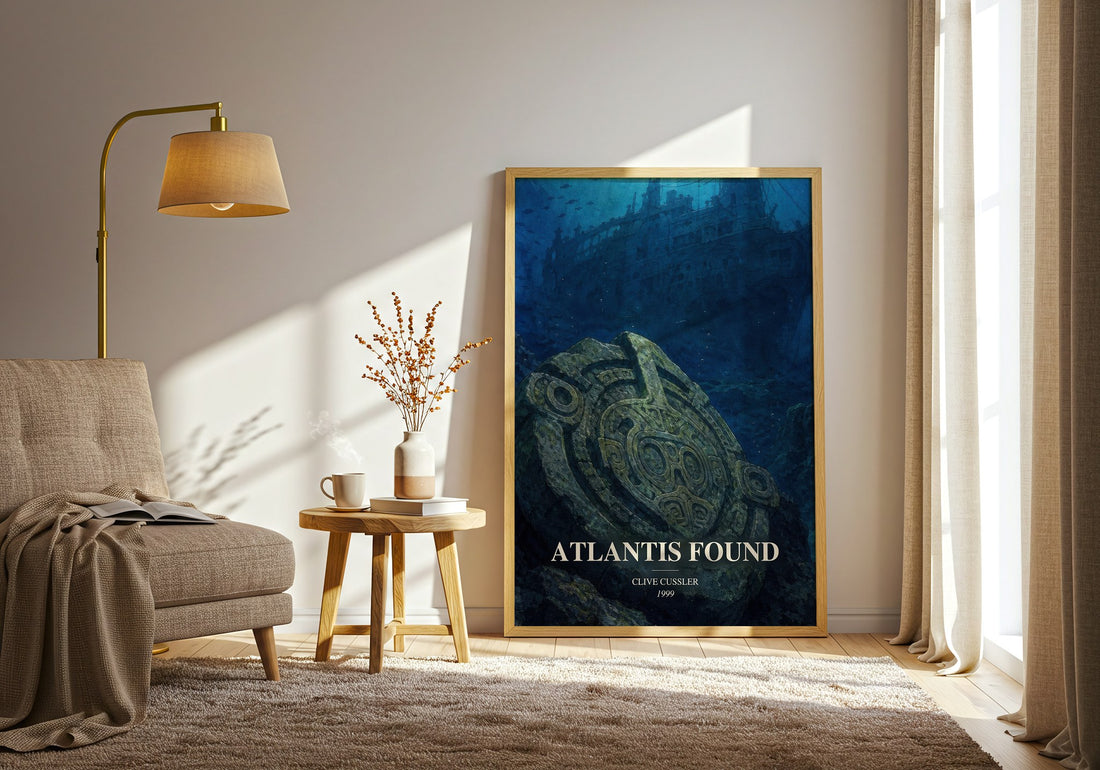 Atlantis Found watercolour print in frame leaning in hallway – thriller wall art (mockup)