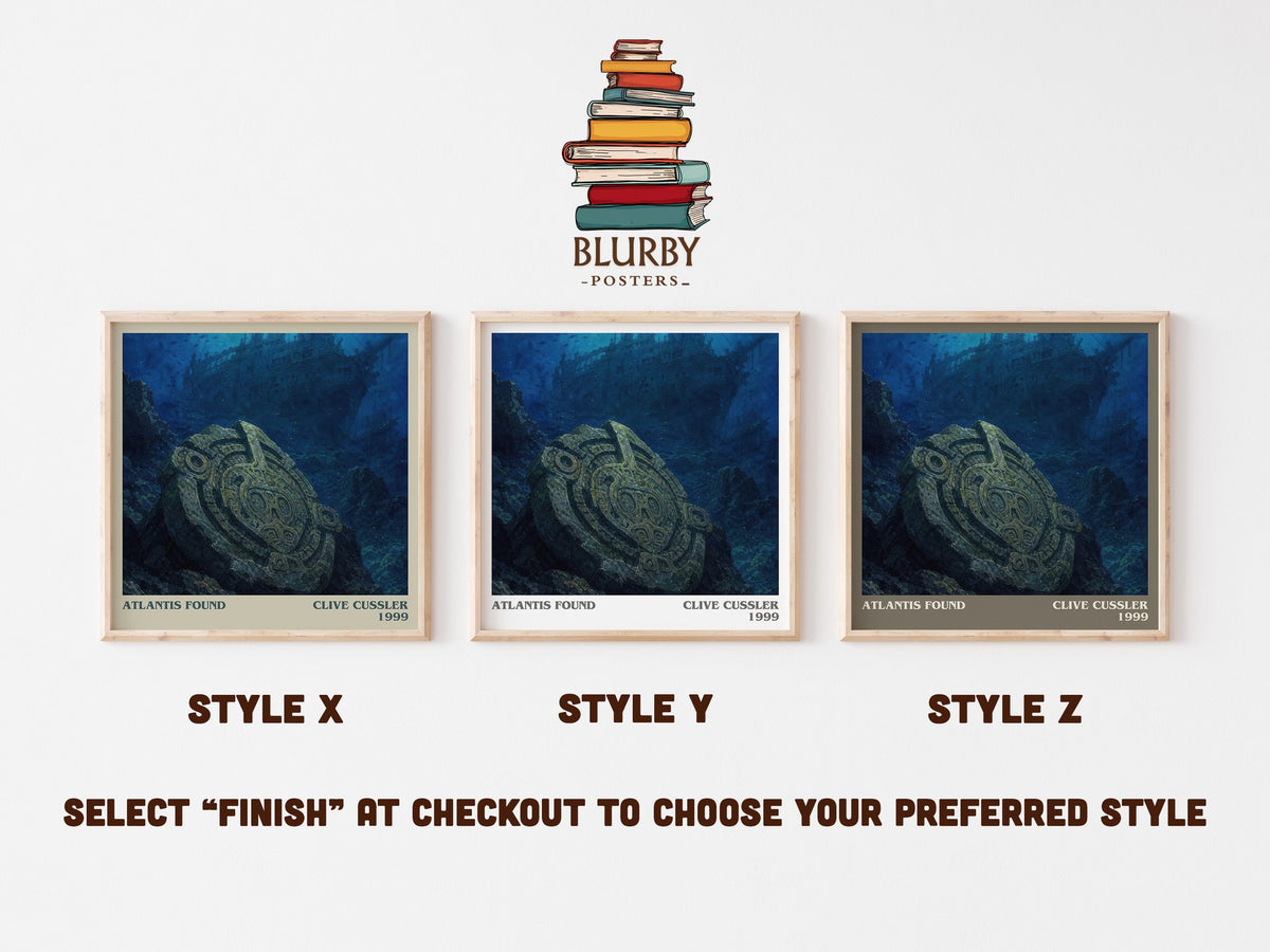 Atlantis Found literary print in frame leaning in hallway – thriller wall art (mockup)