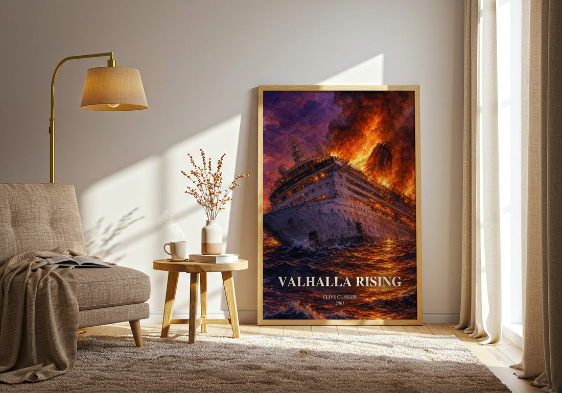 Valhalla Rising watercolour print in frame leaning in hallway – adventure wall art (mockup)