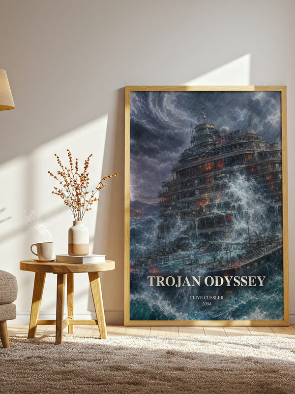 Trojan Odyssey watercolour print in frame leaning in hallway – adventure wall art