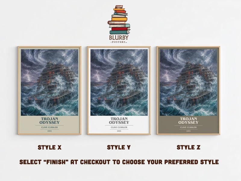 Trojan Odyssey book cover print in frame leaning in hallway – adventure wall art