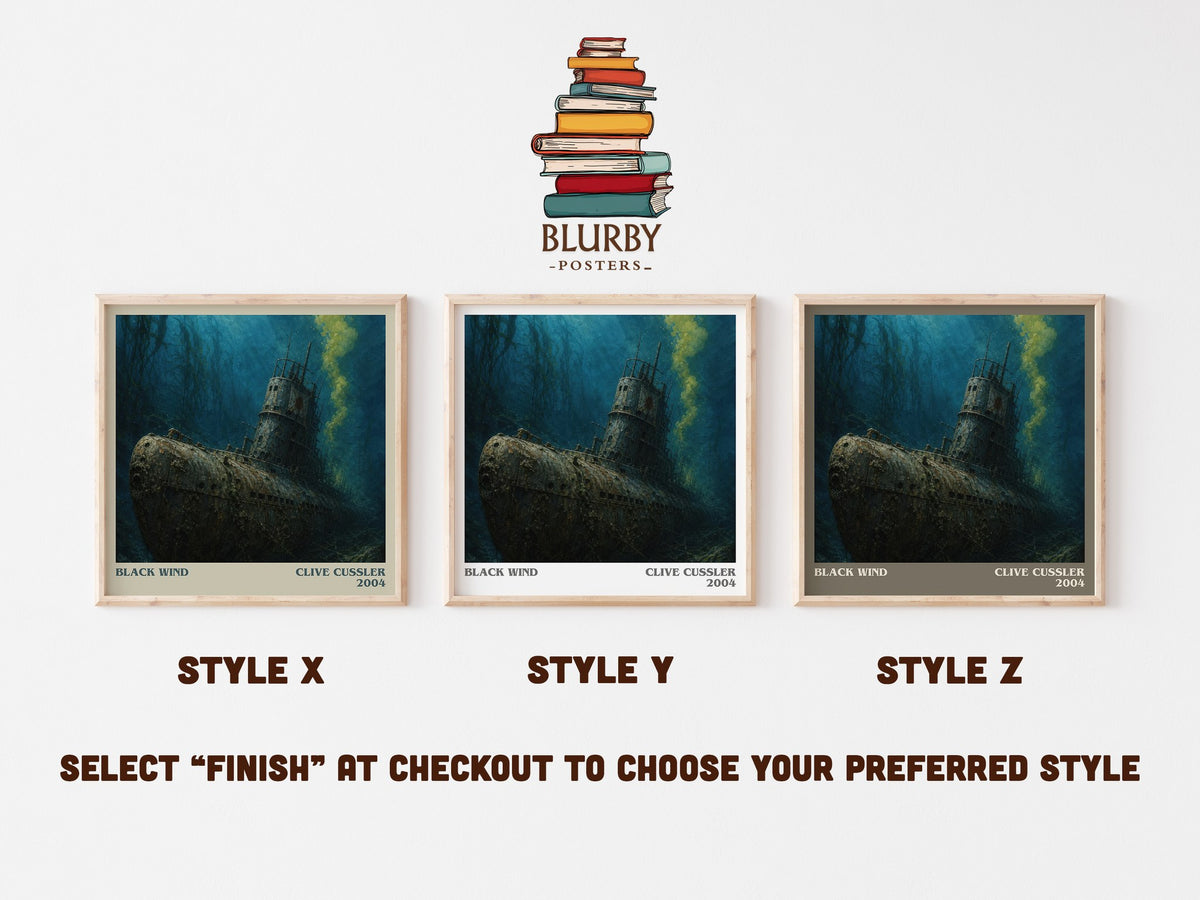 Black Wind literary print in frame leaning in hallway – adventure wall art (mockup)