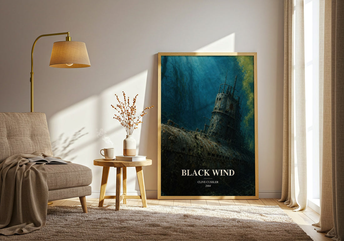 Black Wind watercolour print in frame leaning in hallway – adventure wall art (mockup)