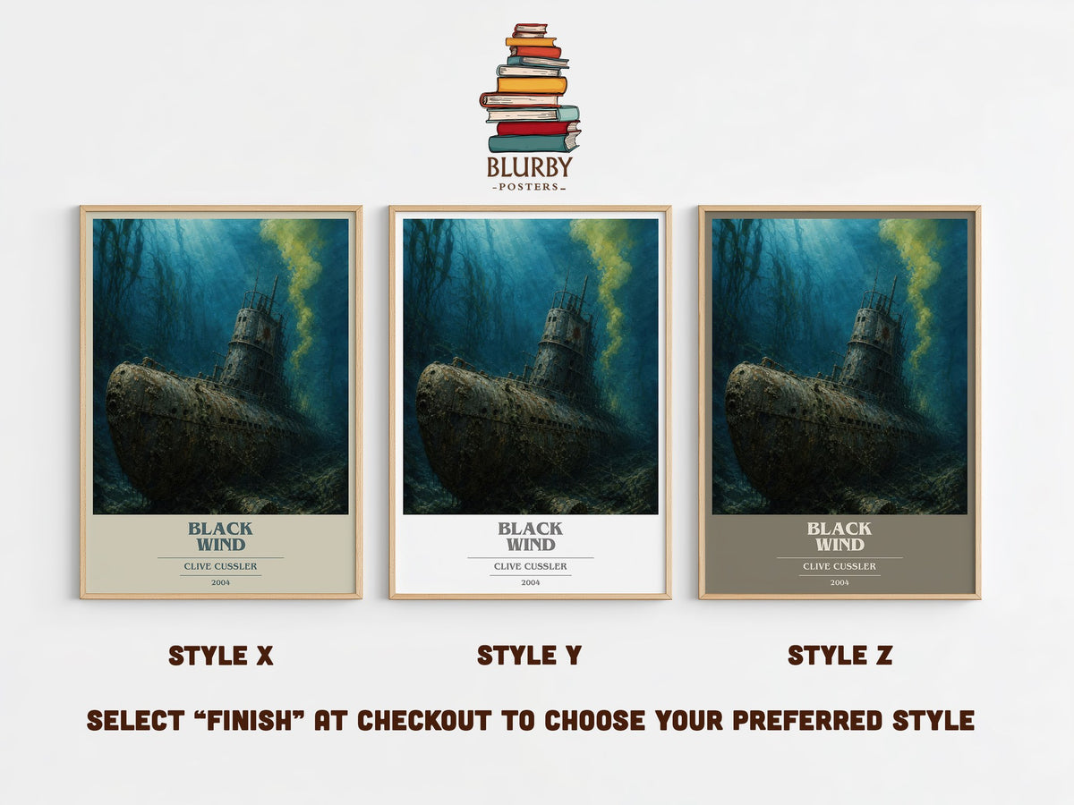 Black Wind book cover print in frame leaning in hallway – adventure wall art (mockup)