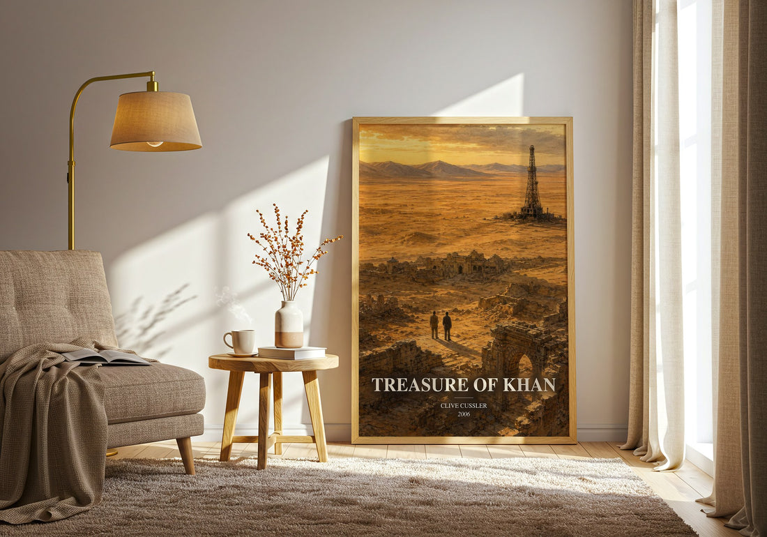 Treasure of Khan watercolour print in frame leaning in hallway – adventure wall art (mockup)