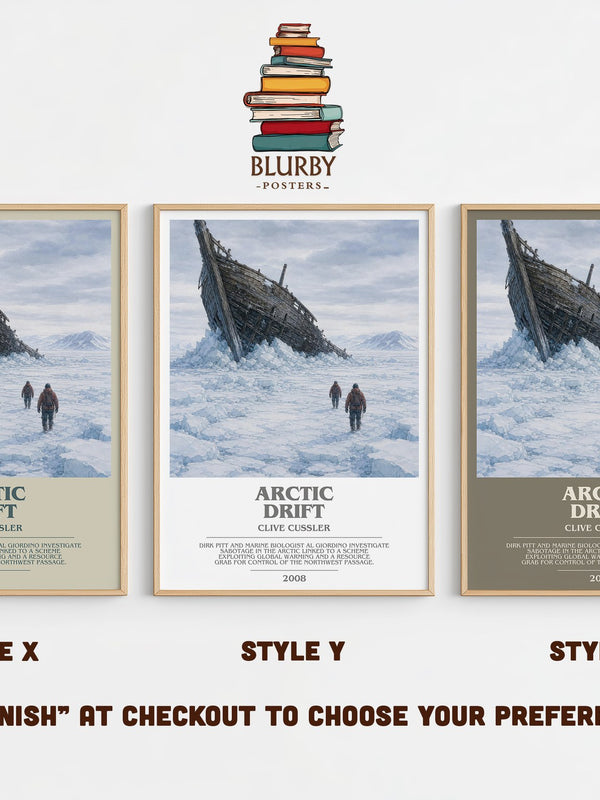 Arctic Drift bookish print in frame leaning in hallway – thriller wall art