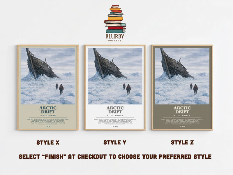 Arctic Drift bookish print in frame leaning in hallway – thriller wall art