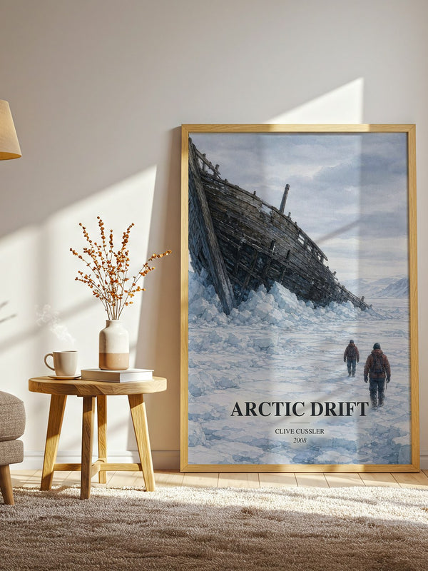 Arctic Drift watercolour print in frame leaning in hallway – thriller wall art