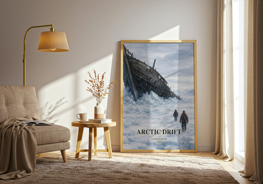 Arctic Drift watercolour print in frame leaning in hallway – thriller wall art (mockup)