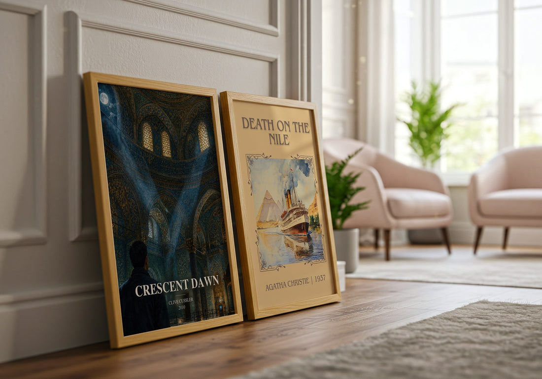 Crescent Dawn watercolour print framed by window – literary home decor
