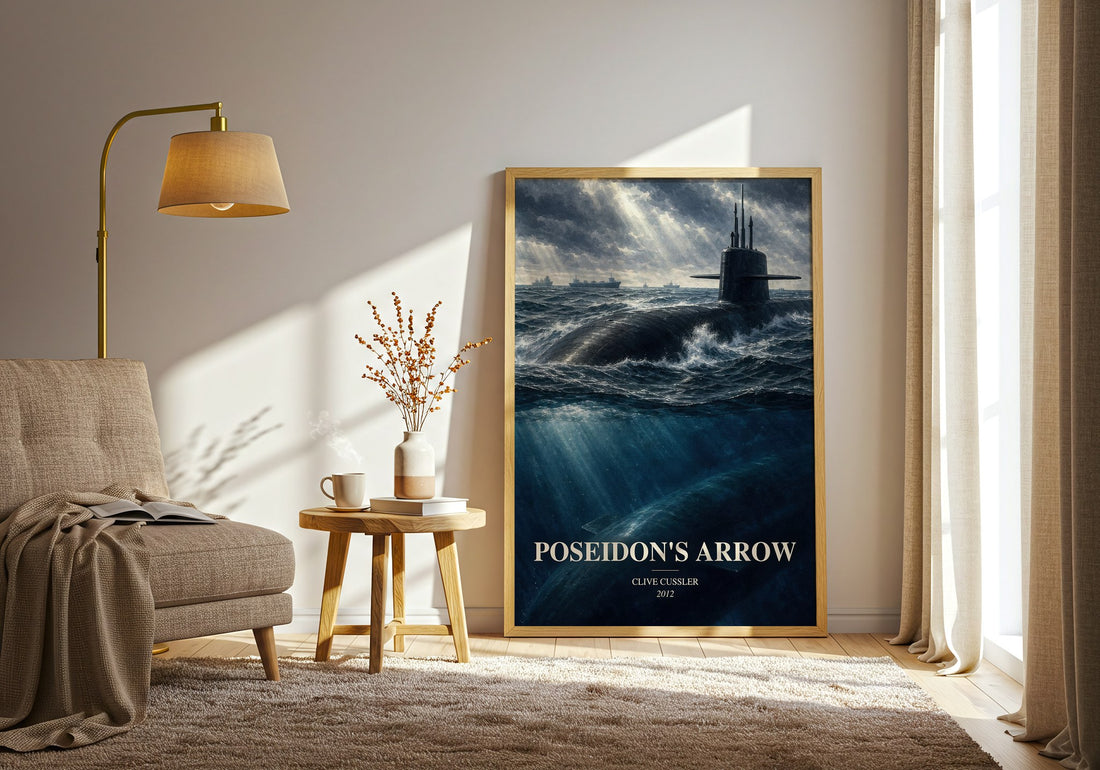 Poseidon's Arrow watercolour print in frame leaning in hallway – adventure wall art (mockup)