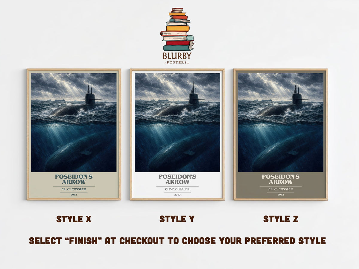 Poseidon's Arrow book cover print in frame leaning in hallway – adventure wall art (mockup)