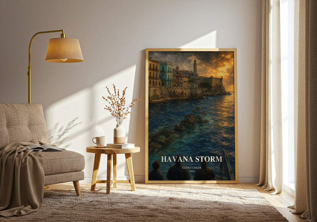 Havana Storm watercolour print in frame leaning in hallway – thriller wall art (mockup)