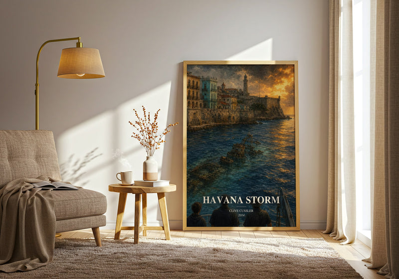 Havana Storm watercolour print in frame leaning in hallway – thriller wall art