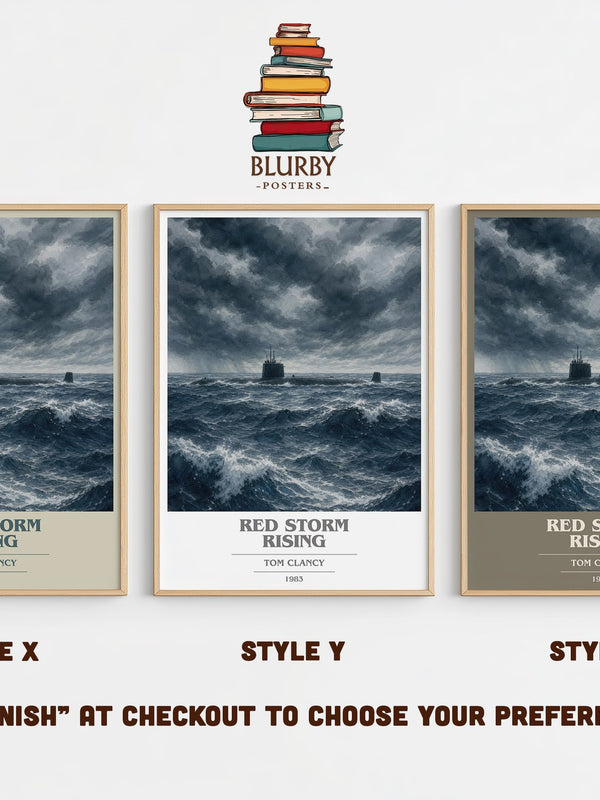 Red Storm Rising book cover print in frame leaning in hallway – thriller wall art