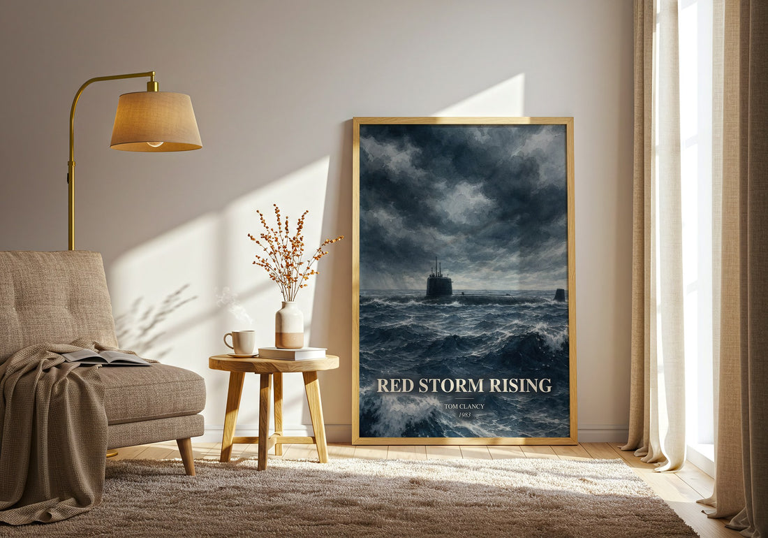 Red Storm Rising watercolour print in frame leaning in hallway – thriller wall art (mockup)