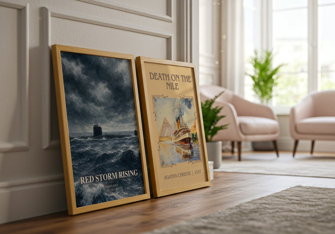 Red Storm Rising watercolour print framed by window – literary home decor