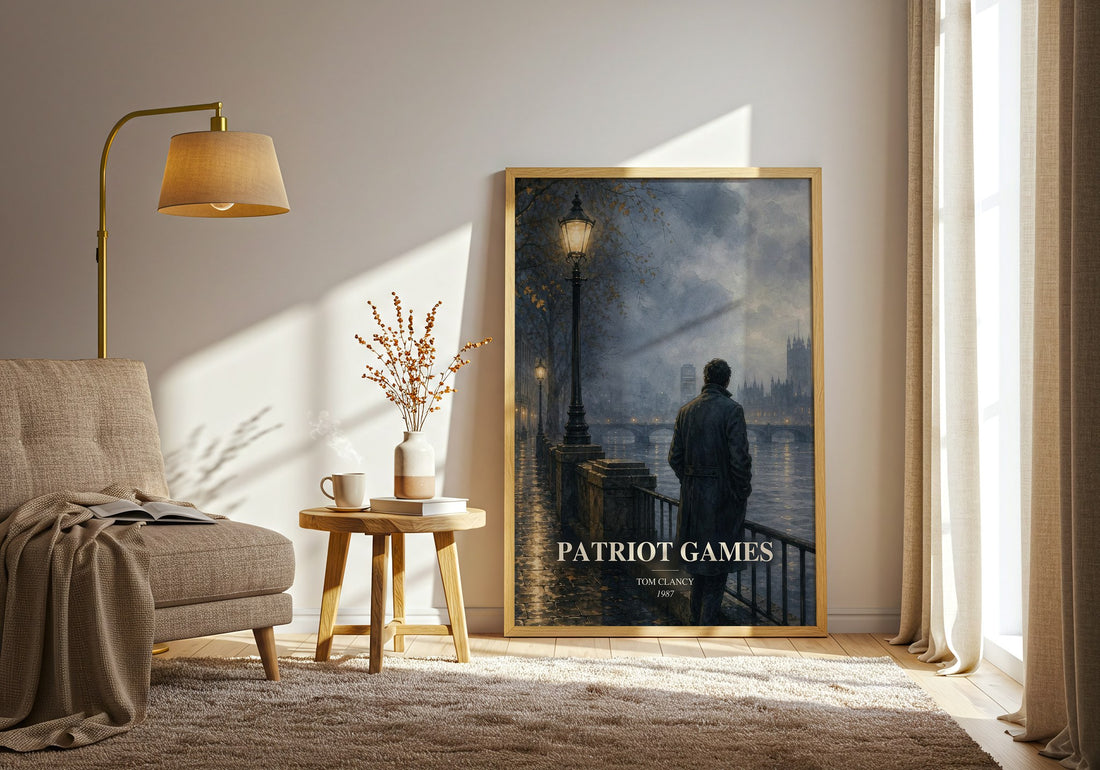 Patriot Games watercolour print in frame leaning in hallway – thriller wall art (mockup)