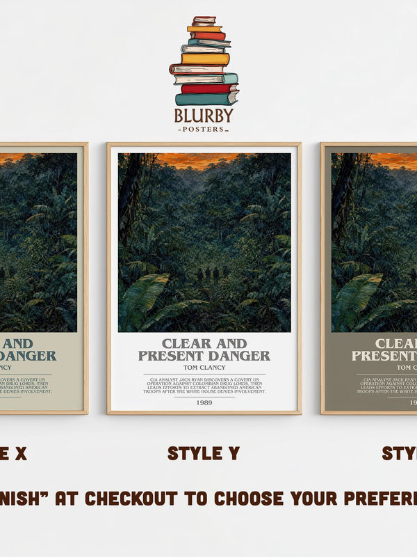 Clear and Present Danger bookish print in frame leaning in hallway – thriller wall art