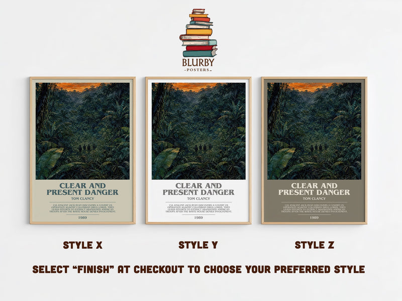 Clear and Present Danger bookish print in frame leaning in hallway – thriller wall art