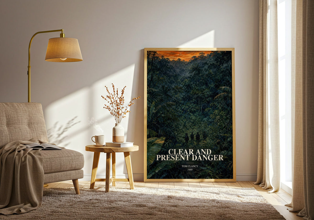 Clear and Present Danger watercolour print in frame leaning in hallway – thriller wall art (mockup)