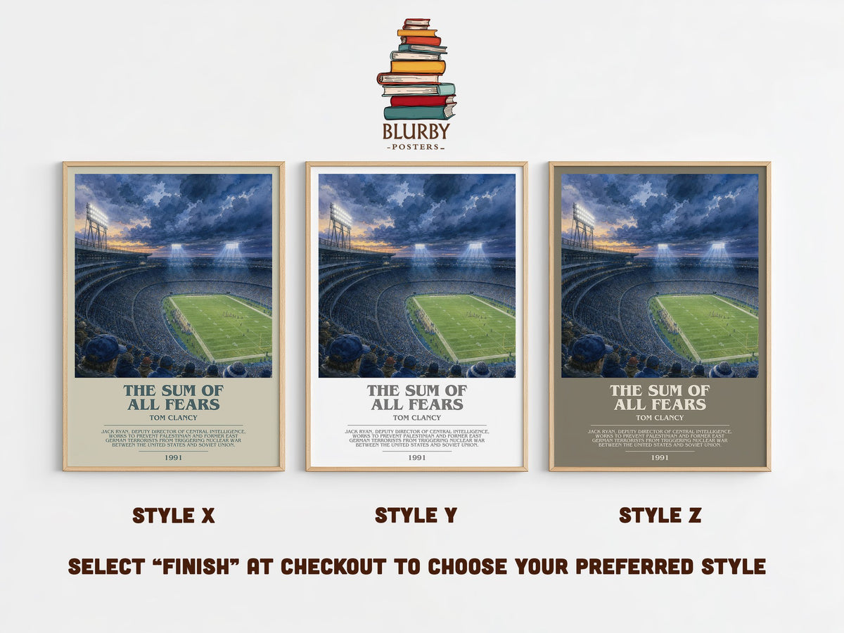 The Sum of All Fears bookish print in frame leaning in hallway – thriller wall art (mockup)