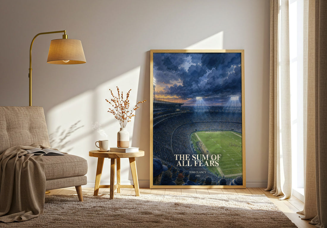 The Sum of All Fears watercolour print in frame leaning in hallway – thriller wall art (mockup)