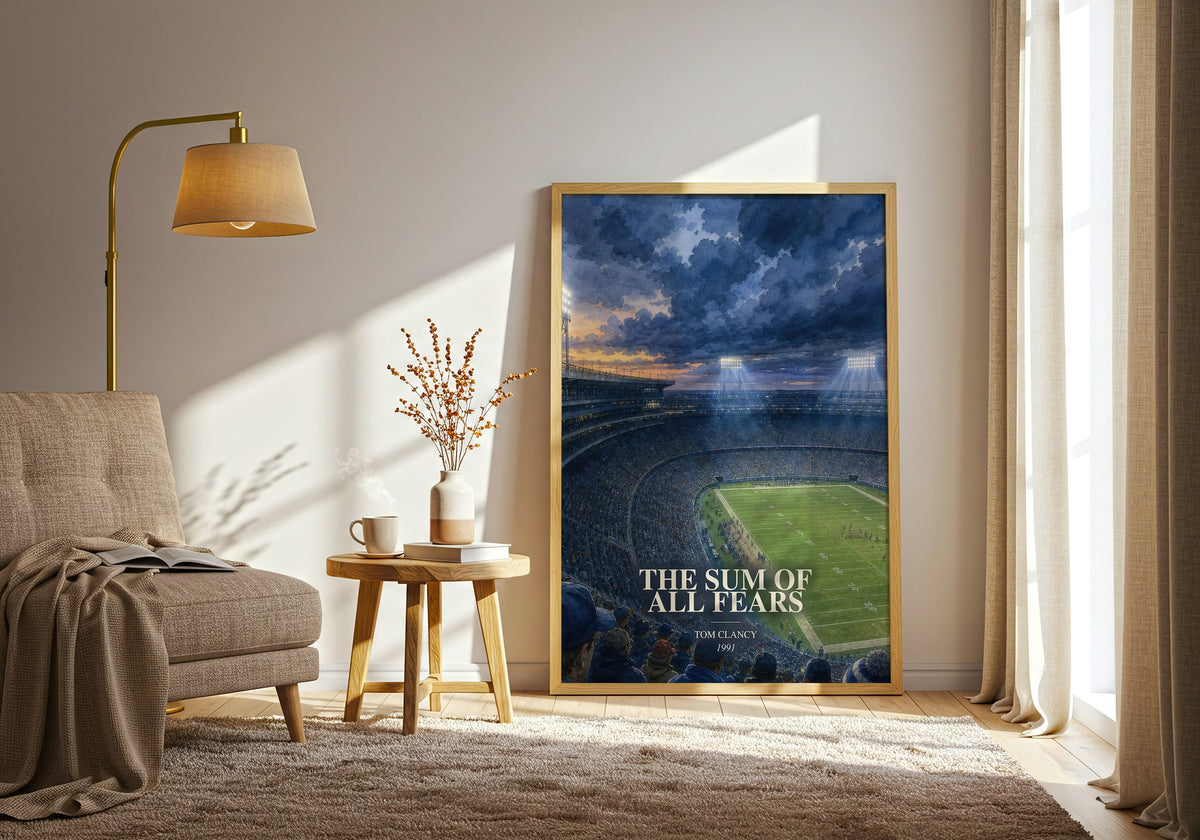 The Sum of All Fears watercolour print in frame leaning in hallway – thriller wall art (mockup)
