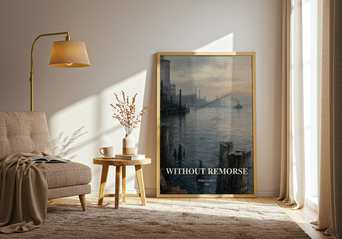 Without Remorse watercolour print in frame leaning in hallway – thriller wall art (mockup)