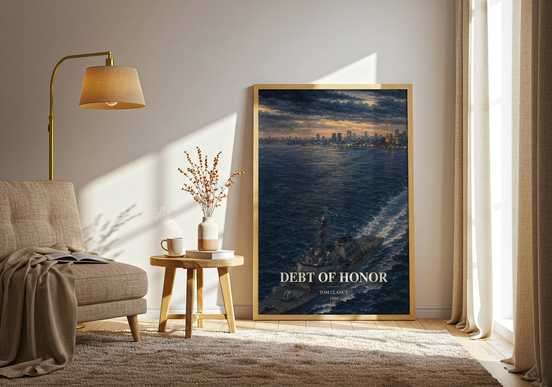 Debt of Honor watercolour print in frame leaning in hallway – thriller wall art