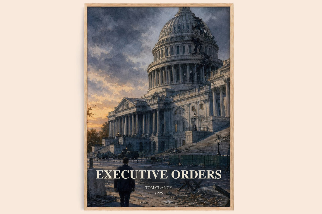 Executive Orders watercolour book poster by Tom Clancy – framed literary art print