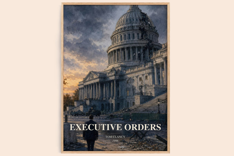 Executive Orders watercolour book poster by Tom Clancy – framed literary art print