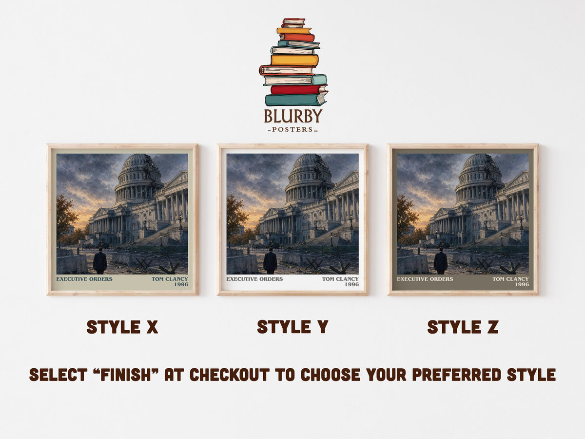 Executive Orders literary print in frame leaning in hallway – thriller wall art (mockup)