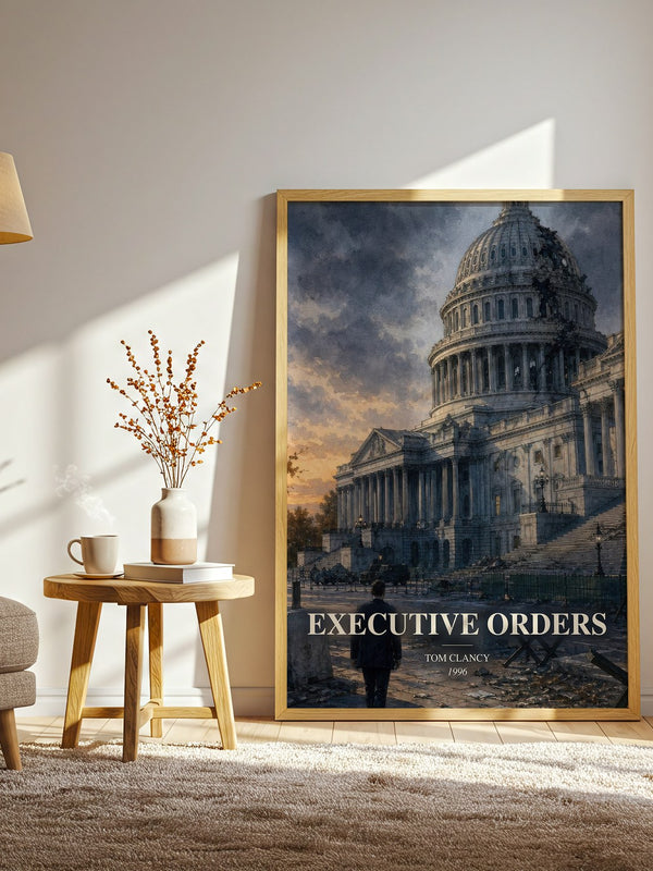 Executive Orders watercolour print in frame leaning in hallway – thriller wall art