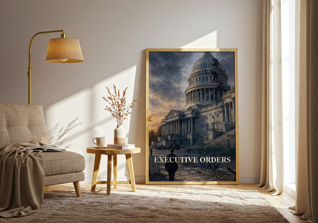 Executive Orders watercolour print in frame leaning in hallway – thriller wall art (mockup)
