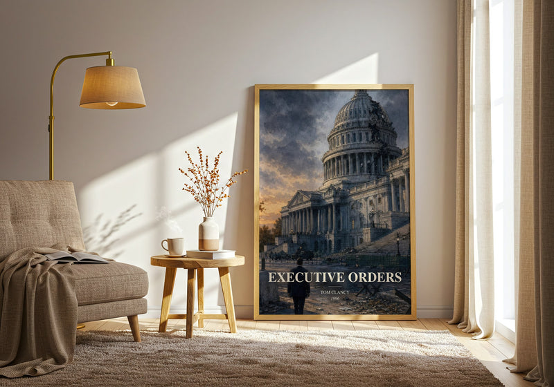 Executive Orders watercolour print in frame leaning in hallway – thriller wall art