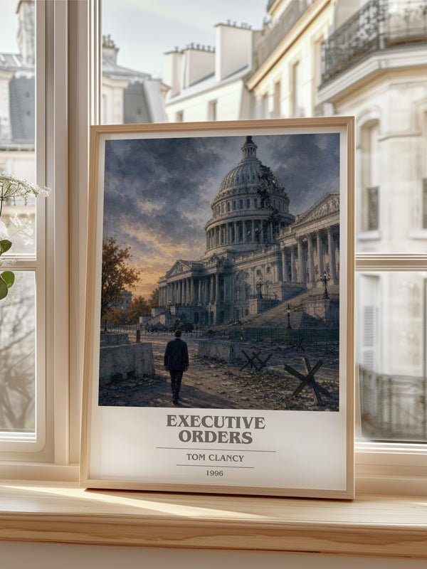 Executive Orders Book Cover Poster by Tom Clancy – framed print by a bright window