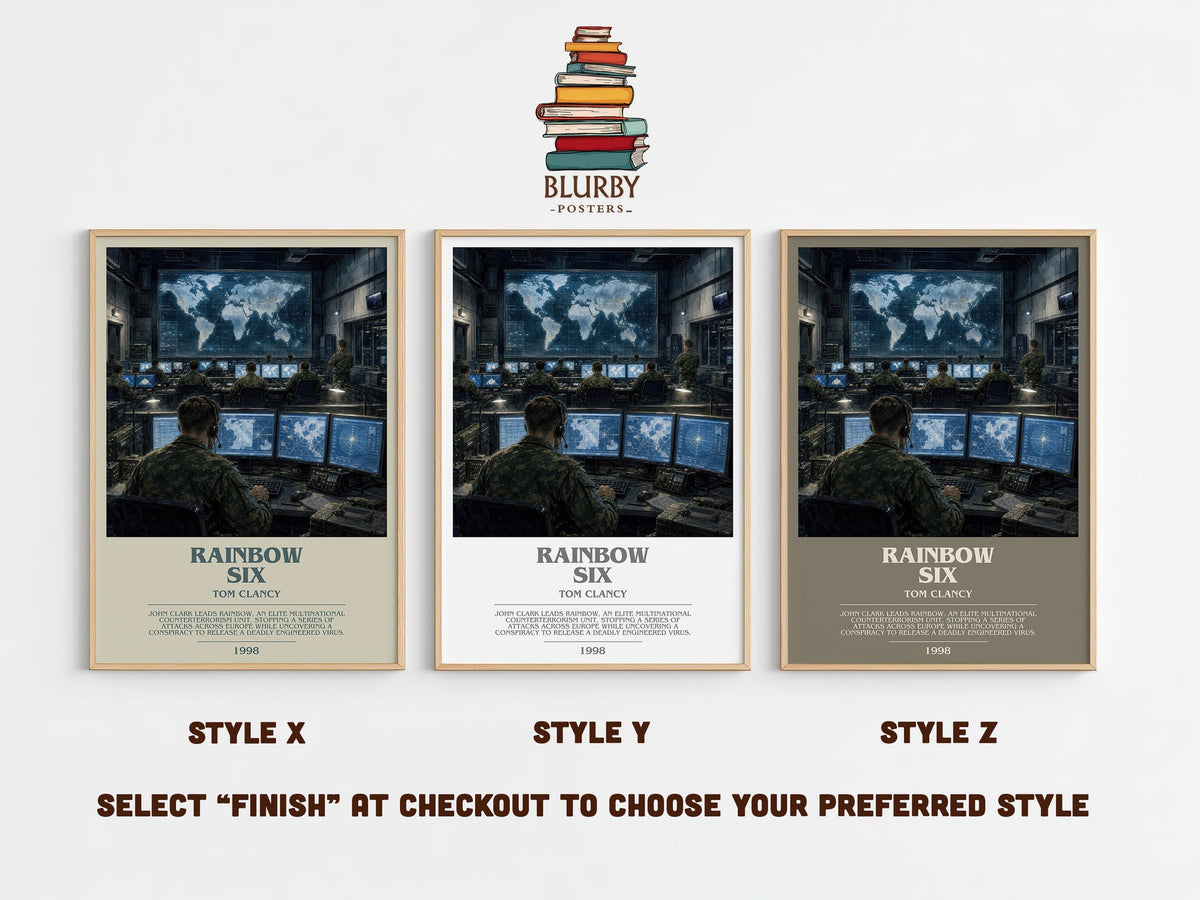 Rainbow Six bookish print in frame leaning in hallway – thriller wall art (mockup)