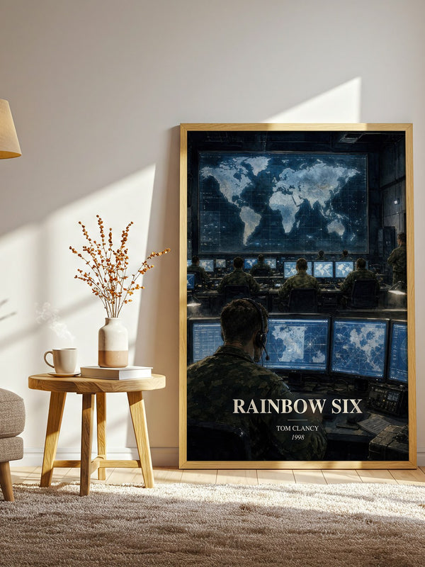 Rainbow Six watercolour print in frame leaning in hallway – thriller wall art