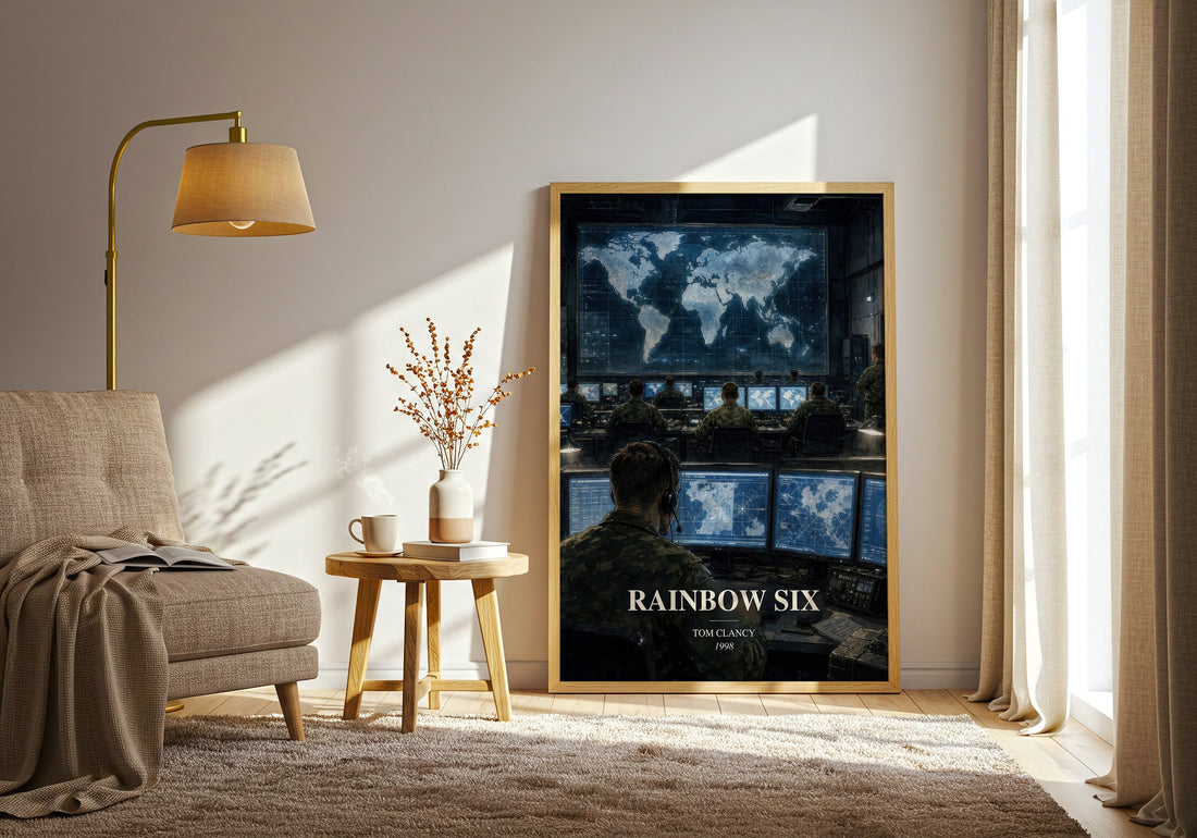 Rainbow Six watercolour print in frame leaning in hallway – thriller wall art (mockup)